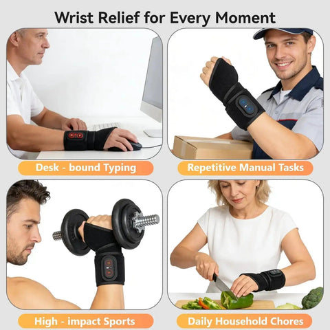 People using Cordless Wrist Hand Heating Pad Massage For Carpal Tunnel Relief With 3000mAh Battery And Vibration in various tasks
