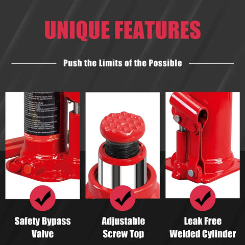 Close-up features of Big Red Hydraulic Bottle Jack With Carrying Case 4 Ton Capacity 8000 Lbs, showing safety valve and screw top.