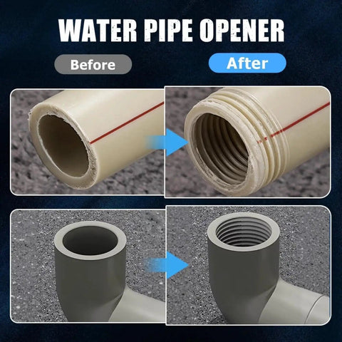 Integrated Internal And External Pipe Threading Tool For Half Inch And Three Quarter Inch Pipes That Quickly Stops Leaks In Home And Industrial Repairs Includes PTFE Tape And Work Gloves For DIY Friendly Pro Grade Performance On The Jobsite showing before and after pipe threading results