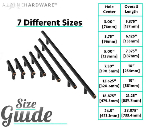 Size guide for Solid Stainless Steel Euro Bar Cabinet Handle Drawer Pull with various lengths and hole centers.