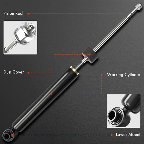 A-Premium rear shock absorber pair for BMW, side view showing piston rod, dust cover, and lower mount.