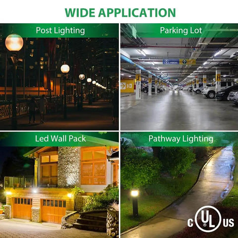 Outdoor lighting applications for dusk to dawn photocell sensor set including post lighting, parking lot, wall pack, and pathway lighting.
