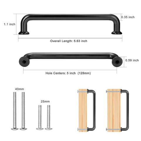 Dimensions and components of Ten Pack 5 Inch Matte Black Cabinet Handles for Cabinets and Drawers, Dope Modern Cylindrical Kitchen Pulls With One Piece Construction, Comfortable Grip, Dresser Cupboard Closet Hardware for Farmhouse and Contemporary Styles.