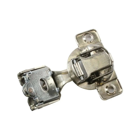 Close-up of a metal hinge from 50 Pack Cabinet Hinges With Soft Close, 108 Degree Opening, 1 Inch Overlay, screw on design