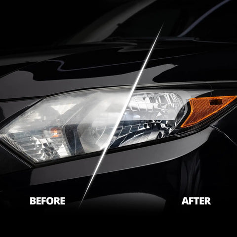 Long Lasting Ceramic Headlight Restoration Kit That Keeps Your Car Lights Crystal Clear No Power Tools Needed Includes 8 Oxidation Removing Wipes 1 Sanding Kit And 2 Ceramic Coating Wipes CERAKOTE before and after comparison of headlight clarity.