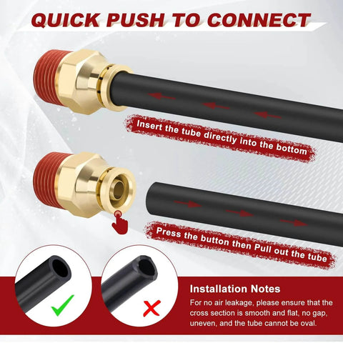 1/4 Inch Quick Push To Connect Brass Union Straight Fitting High Quality DOT Approved For Tube OD X NPT Thread Air Line Adapter Suspension Kit For Truck Trailers And Brake System 4pcs installation guide, showing brass fitting with tube insertion instructions.