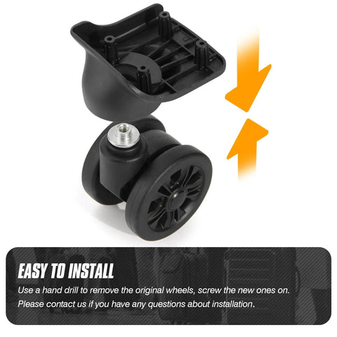 2 Pack Luggage Wheel Replacement Set For Suitcases, 55 Mm Diameter, 25 Mm Axle, Universal Silent 360 Degree Spinner Wheels For DIY Repair, Smooth Mute Glide, Black LN2, Durable Construction For Smooth Roll On Most Surfaces, side view of wheel with installation guide