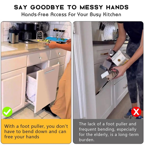 Under Cabinet Foot Pull Opener 4.5 Inch Matte Black Hands Free Toe Kick for kitchen cabinets, showing installation and usage.