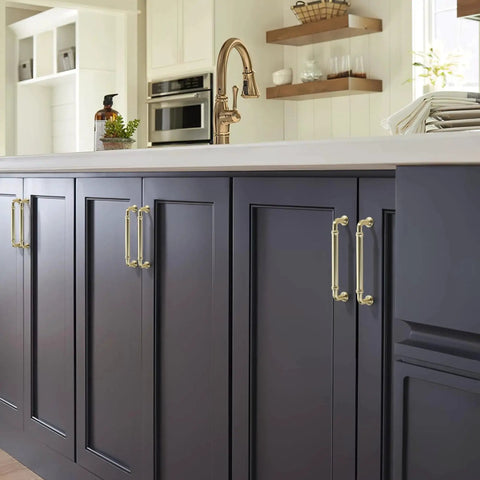 Kitchen cabinets with 10 Pack Brushed Nickel Cabinet Pulls 3 Inch Vintage Cylindrical Drawer Handles installed, modern hardware