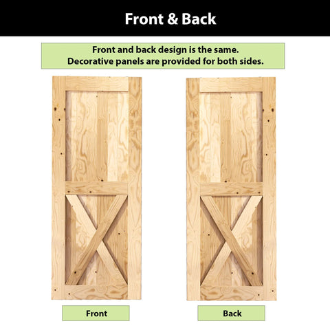 Front and back view of wooden barn doors, decorative panels, with Black Rustic Single Track Bypass Barn Door Hardware Kit For Double Doors 36 Inch Wide By 84 Inch High With 6 Foot Flat Track And Straight Rollers Built Tough Heavy Duty Carbon Steel Frame With Nylon Wheels For Interior Use Only.