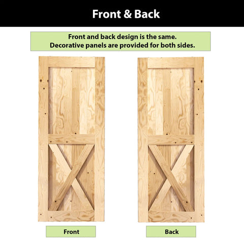Front and back view of double wooden barn doors with decorative panels.