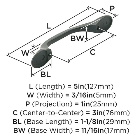 Dimensions diagram of Matte Black Ravino Cabinet Pull 3 Inch Center-To-Center 5 Inch Overall Length Transitional Drawer Handle