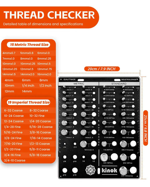 Detailed specifications of Bolt Size Finder And Thread Gauge Kit Kinok 42 Thread Checker showing thread sizes.