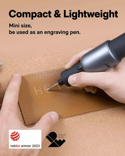 Person using Cordless Rotary Tool Kit With Five Speed Settings Up To 25000 RPM For DIY Folks USB C Rechargeable LED Light And 35 Attachments For Engraving Sanding Drilling Cutting Polishing Carving And Craft Projects on leather