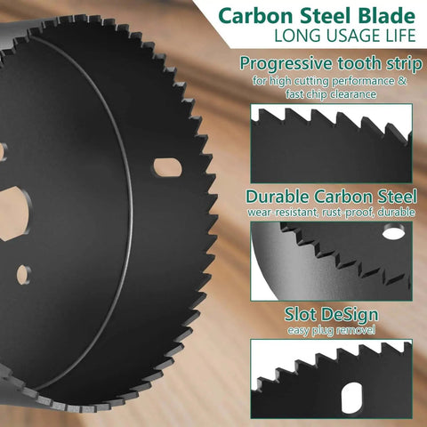 Ultimate 19 Piece Hole Saw Kit With 13 Blades Ranging From 19mm To 152mm Plus 2 Mandrels 2 Drill Bits Installation Plate And Hex Key For Soft Wood Plywood Drywall And PVC, carbon steel blade close-up with progressive tooth strip and slot design.