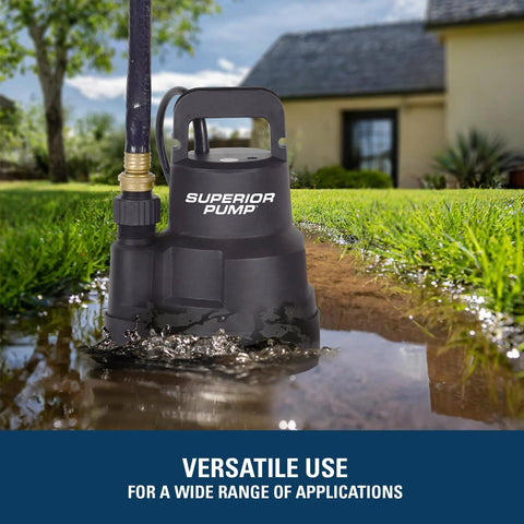 Superior Pump 91014 1/4 HP black thermoplastic submersible utility pump with hose attached, outdoors in a flooded yard