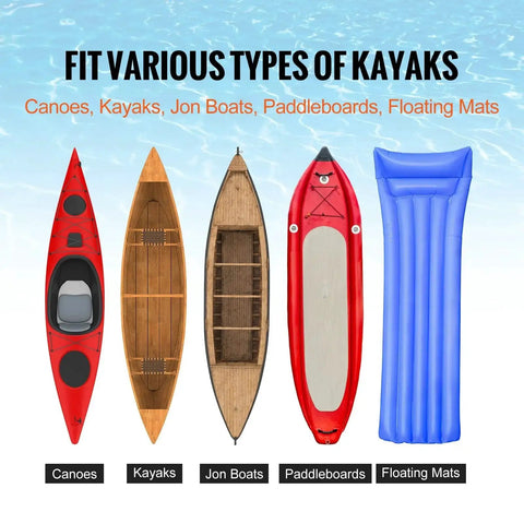 Diagram showing compatibility of Foldable Aluminum Kayak Cart With 250 Lb Load Capacity And 10 Inch Solid Wheel Dolly with various watercrafts.