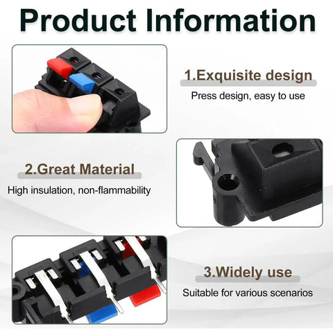 Three Way Spring Terminal Clip Push Release Connector Plate For Speaker Terminals Red Blue Black Color Coded 50mm 25mm 21mm Size With 45mm Mounting Holes WP3 19 5 Pcs Test Clips product information