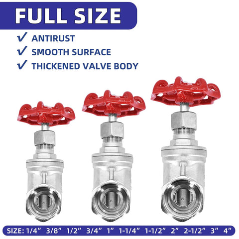 Three stainless steel gate valves with red wheel handles; female x female NPT connections for industrial plumbing hardware