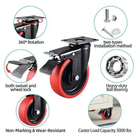 Set of 4 heavy-duty 5-inch caster wheels with brakes; red TPR rubber wheels, 2 fixed and 2 swivel industrial plate casters