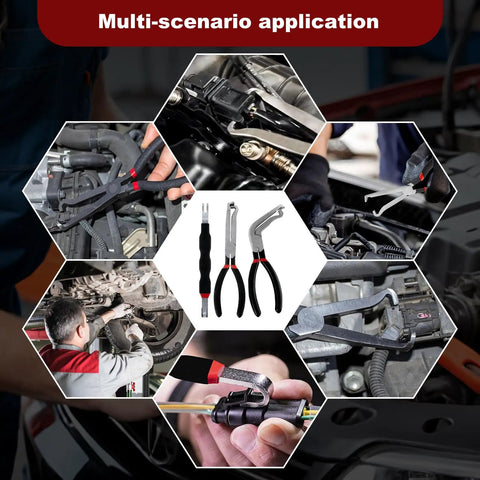 4 Piece Automotive Electrical Disconnect Pliers Set 37960 Straight 37980 60 Degree 13120 Dual Head Carbon Steel Fuel Line Disconnect Tools for Cars Mechanics and DIYers, shown in use on various automotive applications.