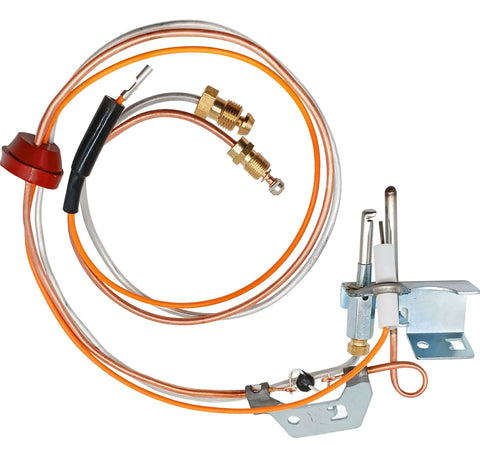 9003542 Pilot assembly for natural gas water heater; copper orange lines, brass fittings, mounting bracket.