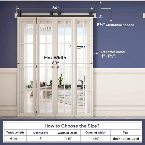 64 Inch Bifold Barn Door Hardware Track Kit For Four 15 Inch Closet Doors Top Mount Sliding System in use, door not included