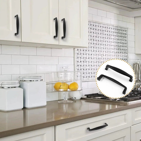 10 Pack 3 3/4 Inch 96mm Matte Black Cabinet Pulls For Modern Kitchen Cabinets Vanity And Wardrobe installed on white cabinets