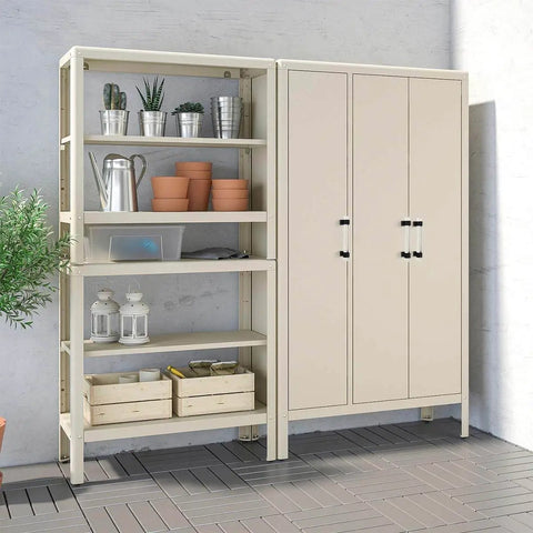 Beige metal storage shelves and cabinet with pots and plants on a patio with brick flooring.