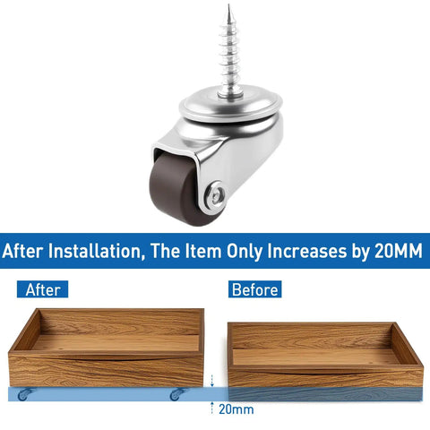 One Half Inch Small Caster Wheels Single Screw Mounting, Mini Low Profile Swivel Castors for furniture, installation view