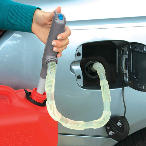 Ontel Turbo Pump Automatic Liquid Transfer Pump, gray handheld with clear hoses, pumps gasoline from red can to car.