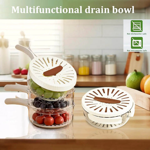 Two Pack Multifunctional Fruit Washing Bowl With Strainer 2 In 1 Drain Basket And Fruit Strainer Container With Lid on kitchen counter