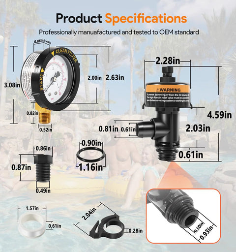 High-flow manual air relief valve with pressure gauge for pool and spa filters; top-mount, black valve body (Amazon).