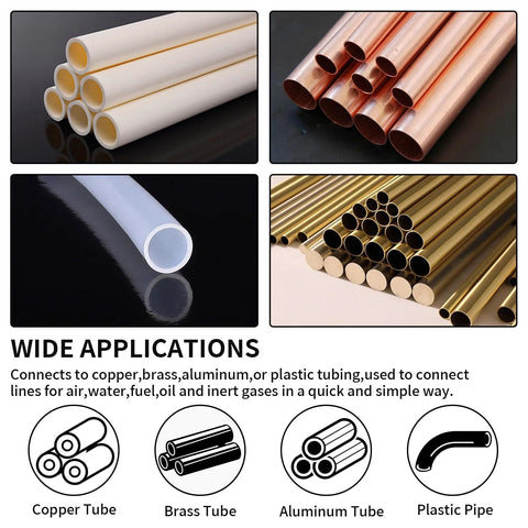 MuHize 5/8 in OD brass compression sleeves collage of white plastic tubes, copper tubes, blue tube, and brass tubes