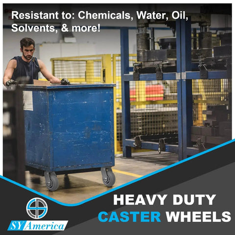 Heavy Duty Industrial Caster Wheels Set 6 Inch By 2 Inch With Non Marking Thermoplastic Rubber Tread 1000 Lb Capacity on blue cart