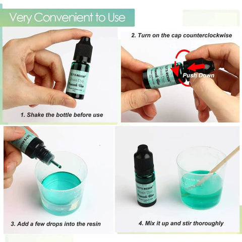 Instructions on using Vibrant 16 Color Epoxy Resin Pigment Set 0.35oz Each Liquid Dye For Resin Coloring Jewelry Making And Art Diy Crafts Perfect For Resin Artists And Hobbyists With A Wide Palette From Black White Sky Blue Sapphire Blue And Ruby Red