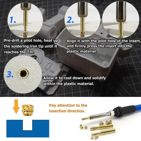 130 Pieces Heat Set Threaded Brass Inserts Kit M3x4x5 with soldering iron tip shown with installation steps for 3D printed plastics