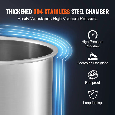 VEVOR 3 Gallon vacuum chamber, thick 304 stainless steel body, close-up of rim with blue glow lines