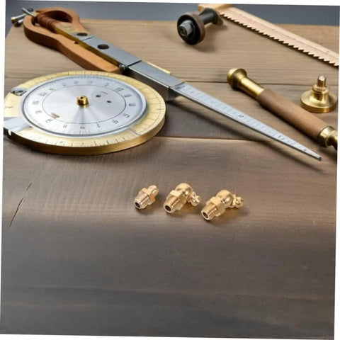 9 Piece Copper Threaded Grease Fittings Kit With Straight And Angled Nipples For Cars And Excavators on wooden surface