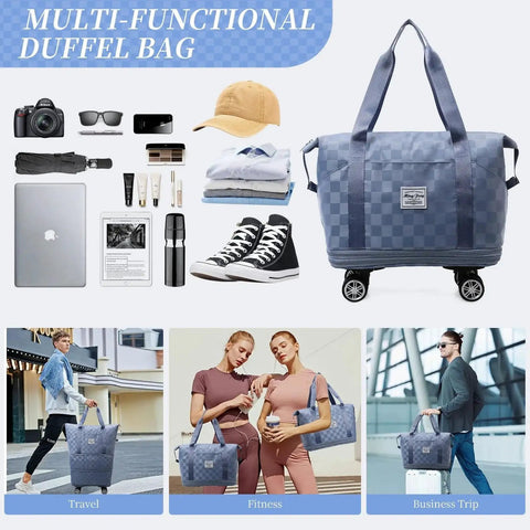 Expandable rolling duffle with four wheels and shoe bag expands from 28L to 58L, waterproof Oxford fabric, reinforced handle