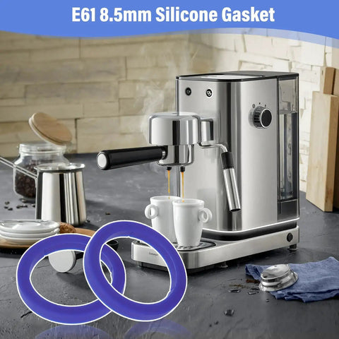 Blue E61 8.5mm Silicone Gasket for Espresso Machines shown in kitchen setting with stainless steel espresso machine.