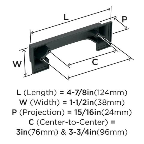 Matte Black Cup Pull Cabinet Hardware 3 Inch and 3-3/4 Inch Center-to-Center Distances 76mm and 96mm product dimensions.