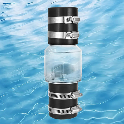 QWORK CV-150 silent check valve, 1-1/2 in, clear body with Buna-N couplings and steel clamps
