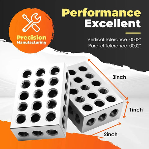 1-2-3 Inch Block Set With 23 Holes.0002 Inch Tolerance, Precision Ground And Case Hardened On All Sides shown with measurements