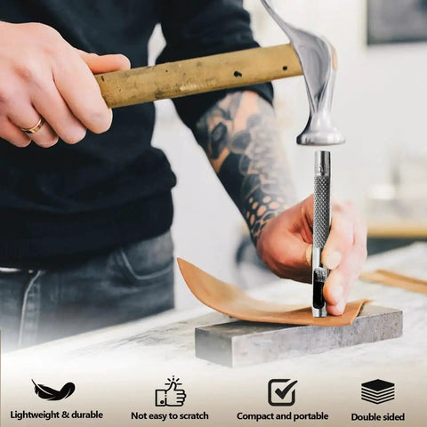 Person using 10 Piece Leather Hole Punch Set With Hollow Round Punches 1mm To 4.5mm on leather with hammer
