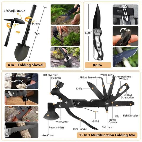 250 Piece Survival Kit With Molle System Compatible Bag And Emergency Tent, featuring 4 in 1 folding shovel, knife, and 15 in 1 axe