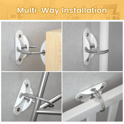 Keep Kids And Pets Safe With This 10 Pack Of Furniture Anchors Heavy Duty Anti Tip Straps That Secure Heavy Furniture Up To 400 Lbs White Metal Earthquake Straps For Baby Proofing And Home Safety showing multi-way installation on furniture.