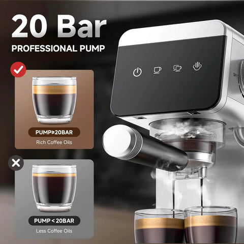 Espresso Coffee Machine With 20 Bar Pressure, LED Touch Screen, Compact Design For Home And Office showcasing brewing function