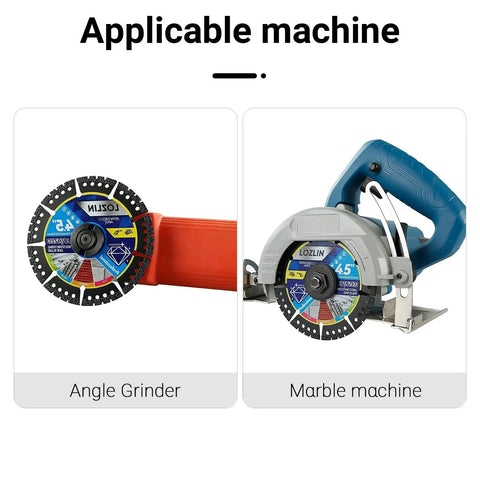 Versatile 3 Pack 4.5 Inch Diamond Multi Purpose Saw Blades For Angle Grinder Heavy Duty Cutting Marble Quartz Tile Stone Metal Plastic 0.87 Inch Arbor 0.05 Inch Kerf Durable Construction displayed on angle grinder and marble machine