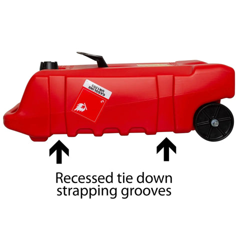 Flo N Go 14 Gallon Gas Caddy On Wheels With 53 Liter Portable Fuel Tank And Built In 10 Foot Hose And Fuel Transfer Pump For Lawn Mowers Farm Boats Marine Commercial And Home Use Red side view showing recessed tie down strapping grooves.